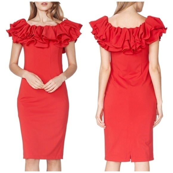 Gracia Layered Ruffle Off-the-Shoulder Dress Red M - Picture 1 of 7